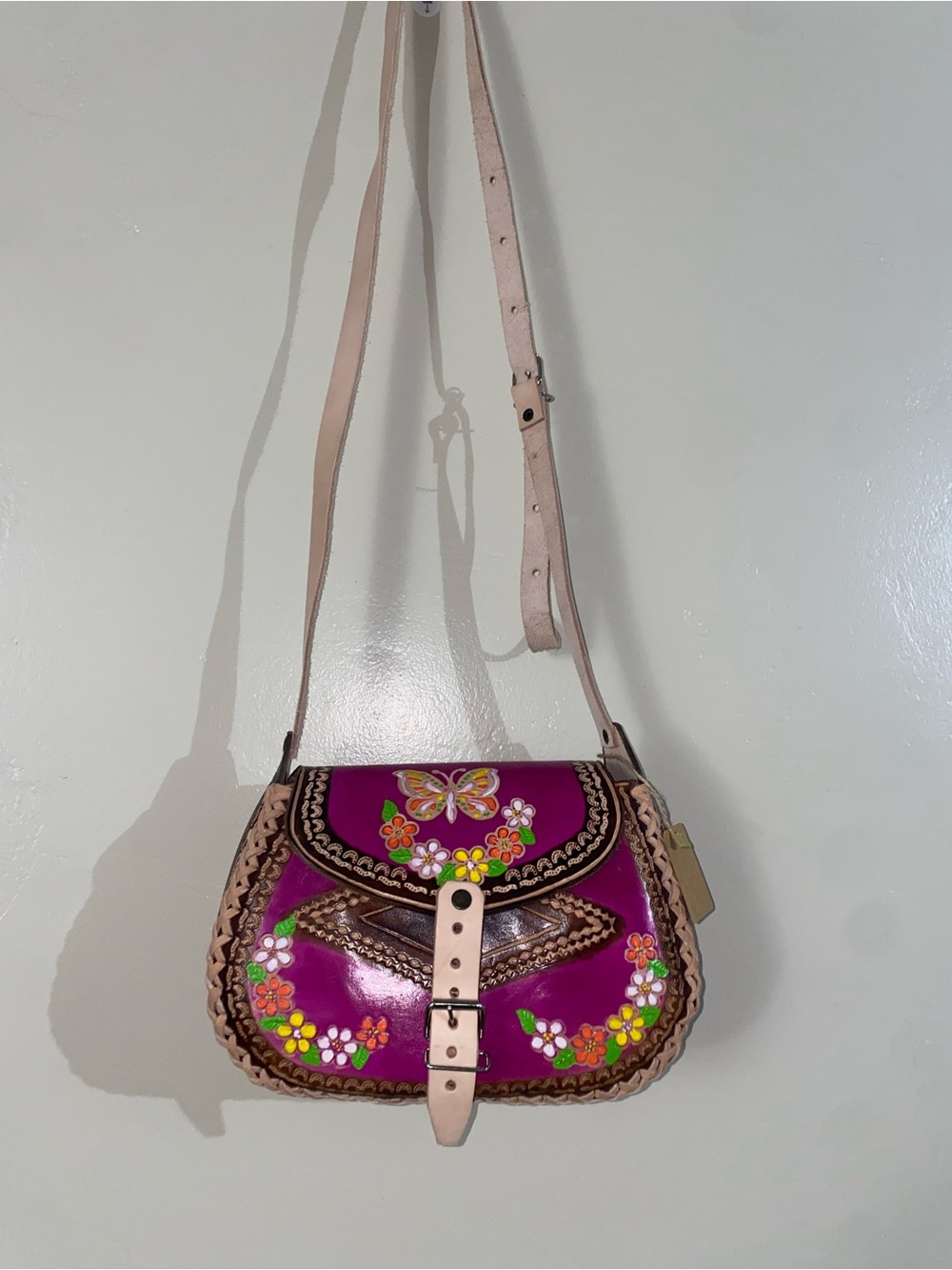 Pink Floral Leather Crossbody Bag with Embellished Flap
